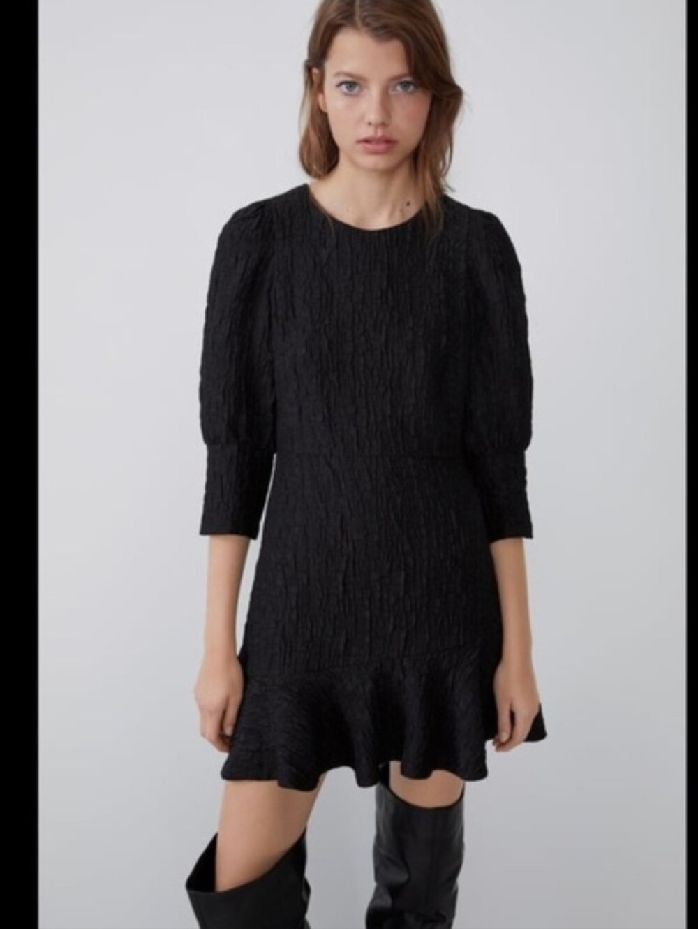 Zara Black Textured Ruffle Hem Dress Size Small (S)